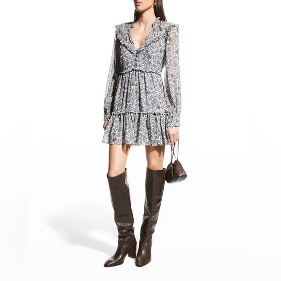 Veronica Beard Savile Floral Silk Long Sleeve Tiered Silhouette Mini Dress